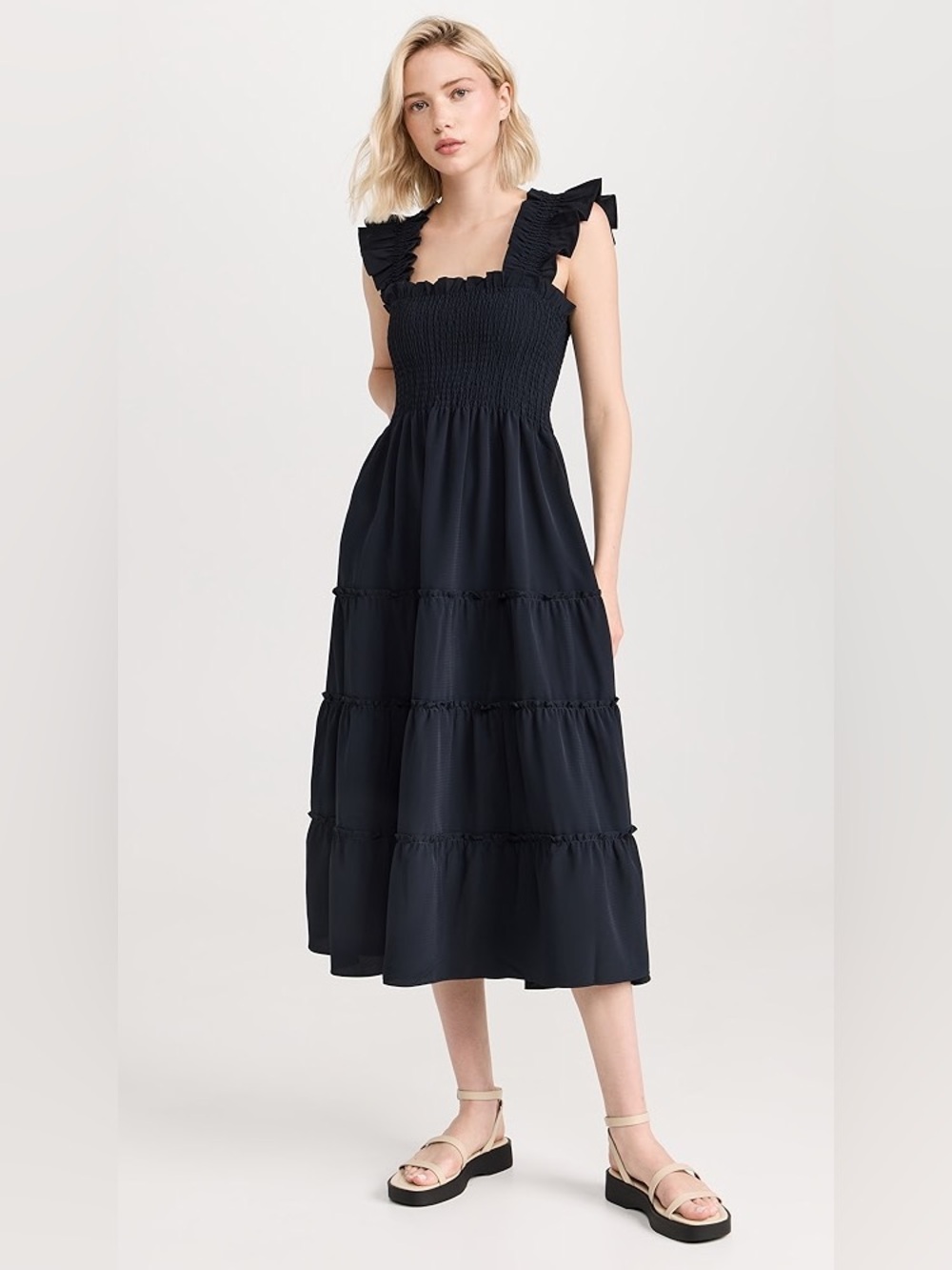 Hill House Smocked Midi Dress with Ruffled Straps